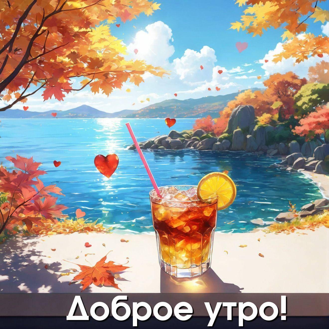 Осенний пейзаж с напитком у воды