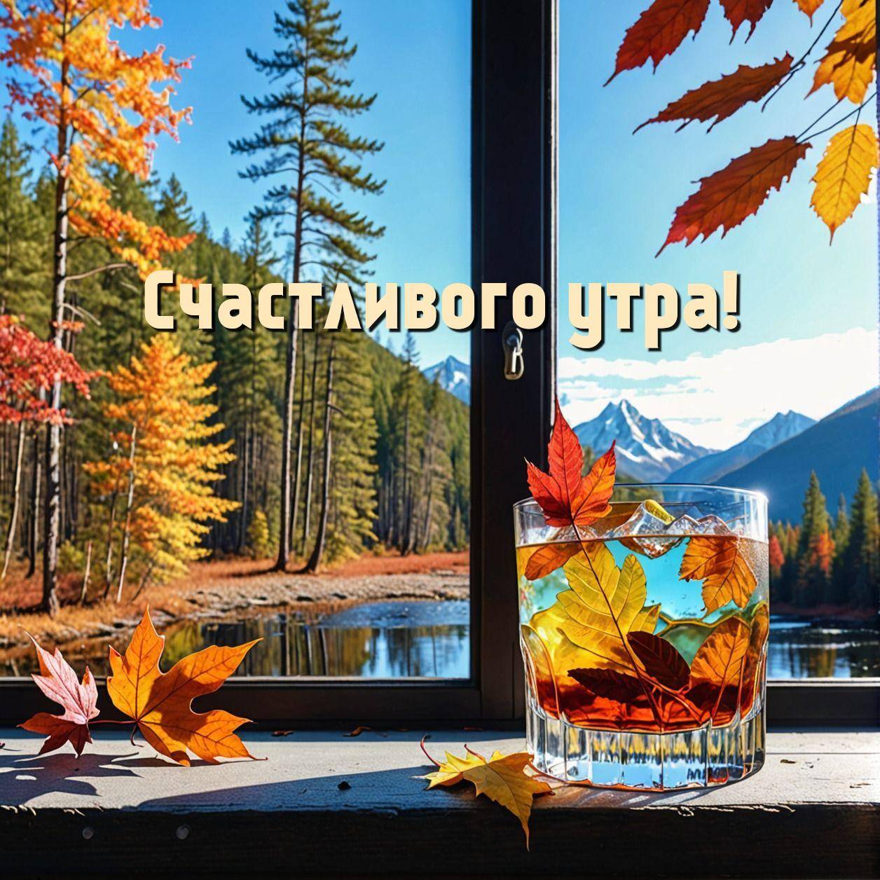Осенняя природа за окном с напитком на подоконнике