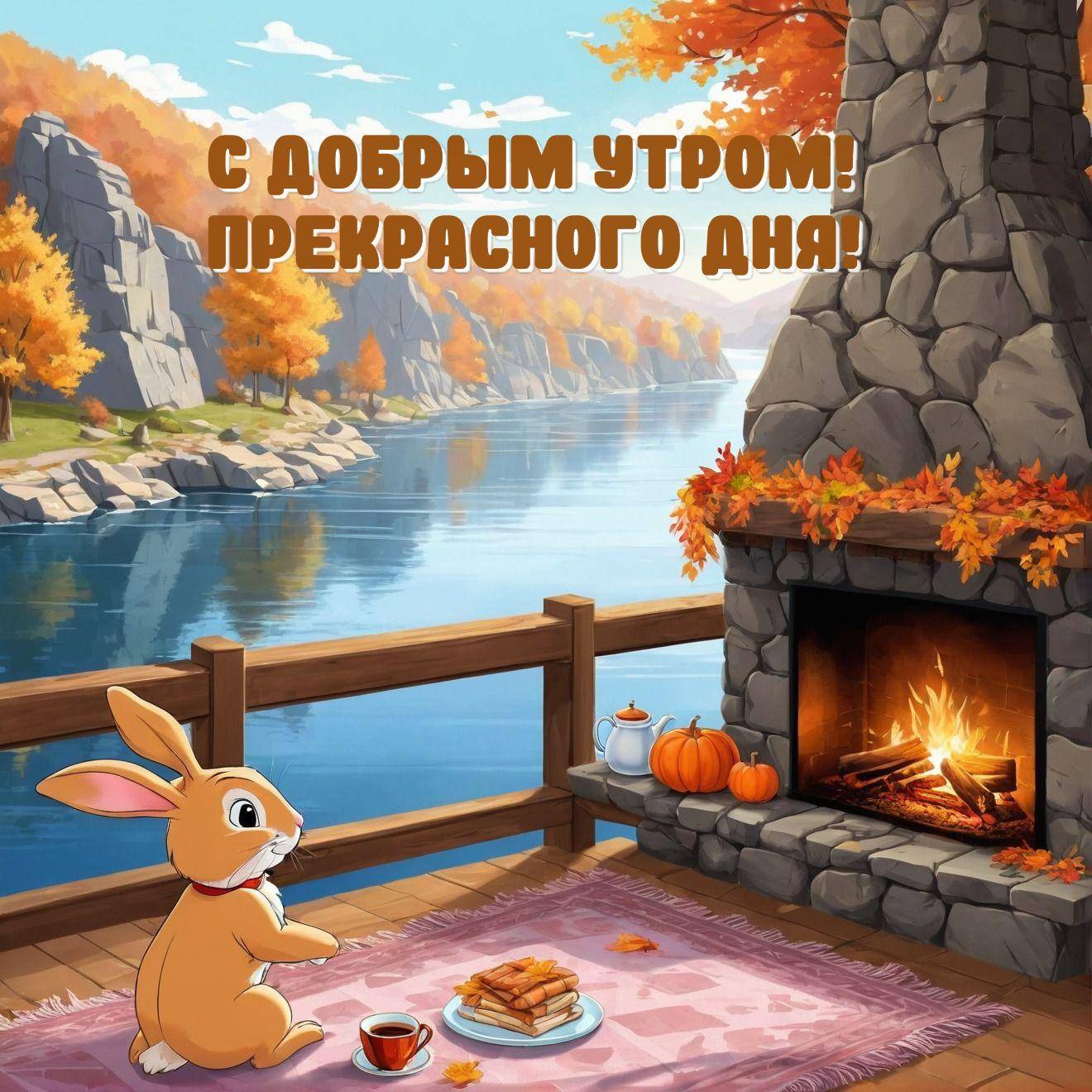 Осенняя сцена у реки с кроликом у камина