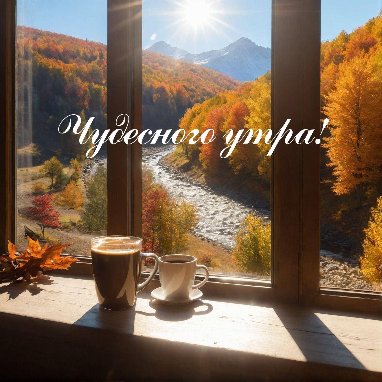 Осенняя сцена за окном с чашками и листьями