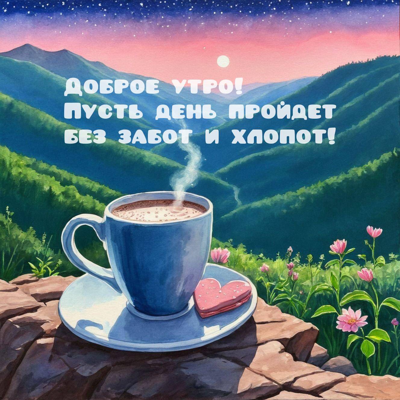 Панорама зелёных гор с розовым небом, чаем и печеньем