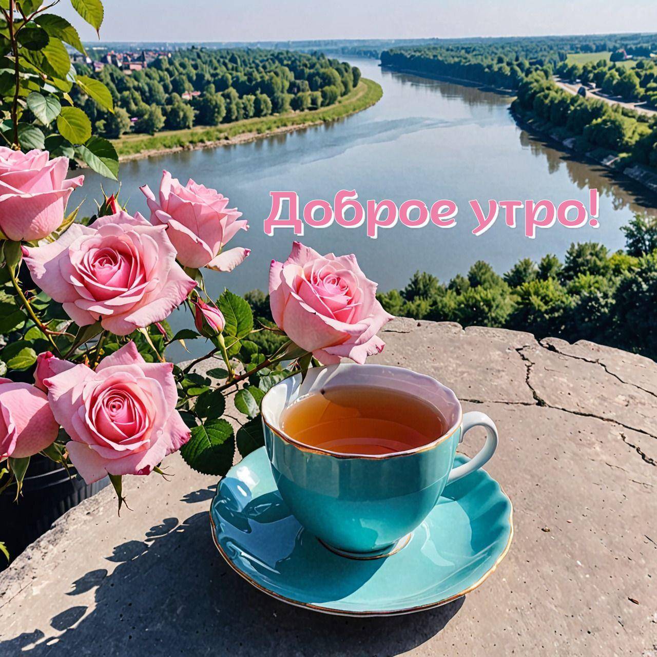 Пейзаж с чашкой чая и розами на фоне природы