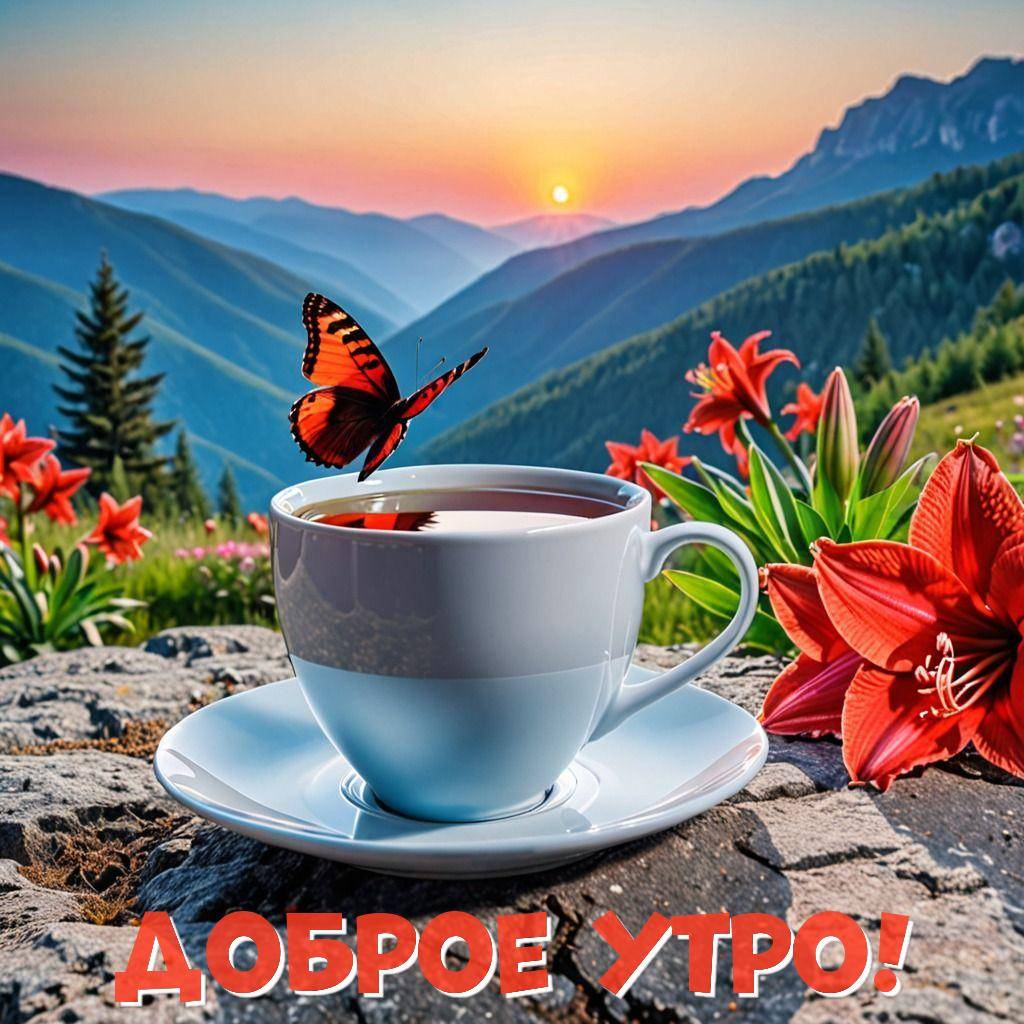 Пейзаж с чашкой чая на камне и бабочкой