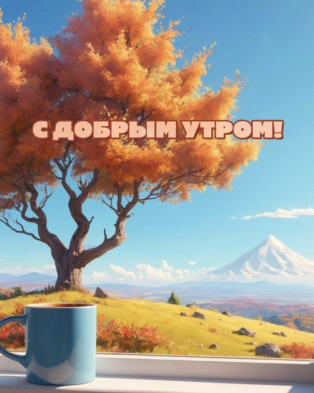 Пейзаж с деревом и снежной горой