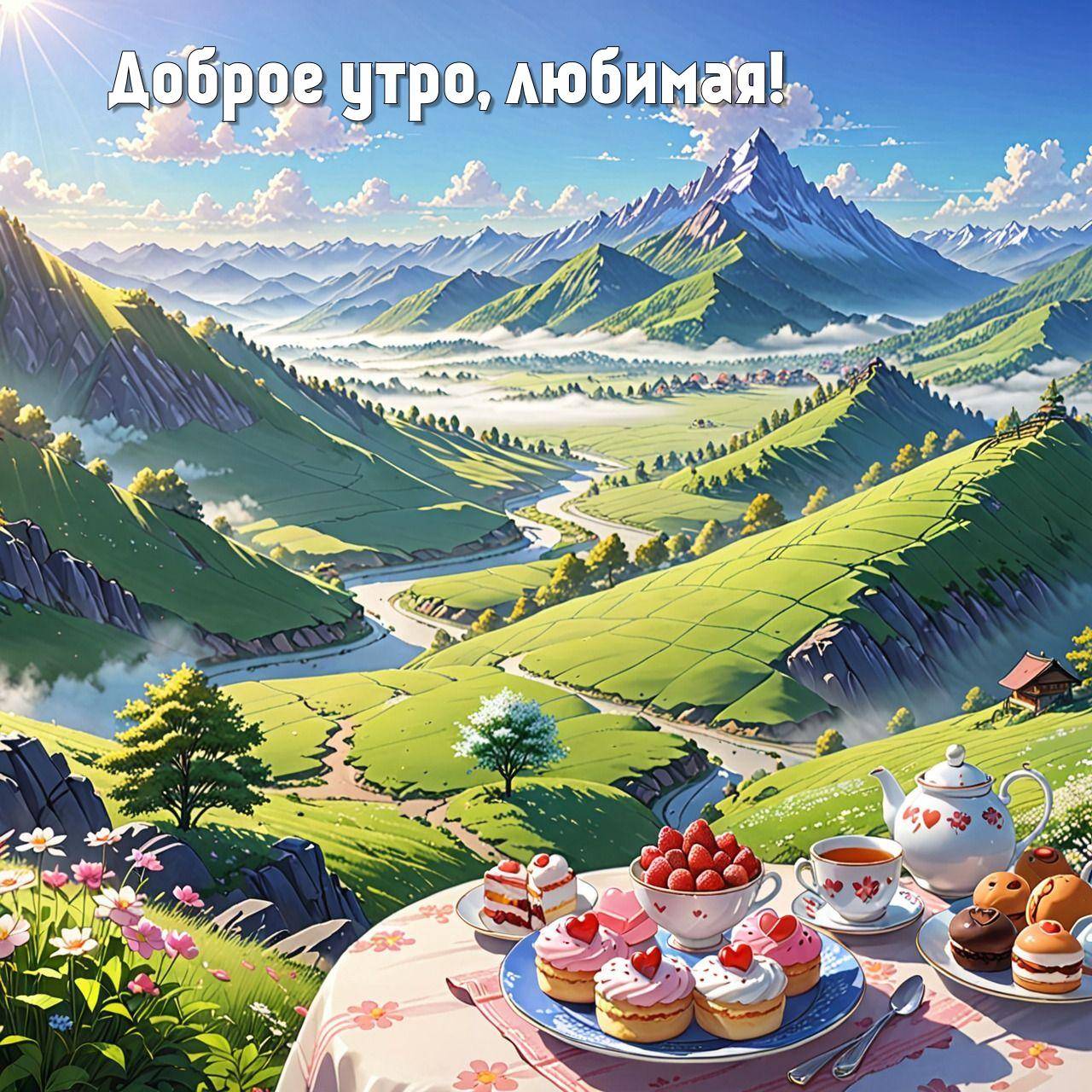 Пейзаж с горами, столом и сладостями