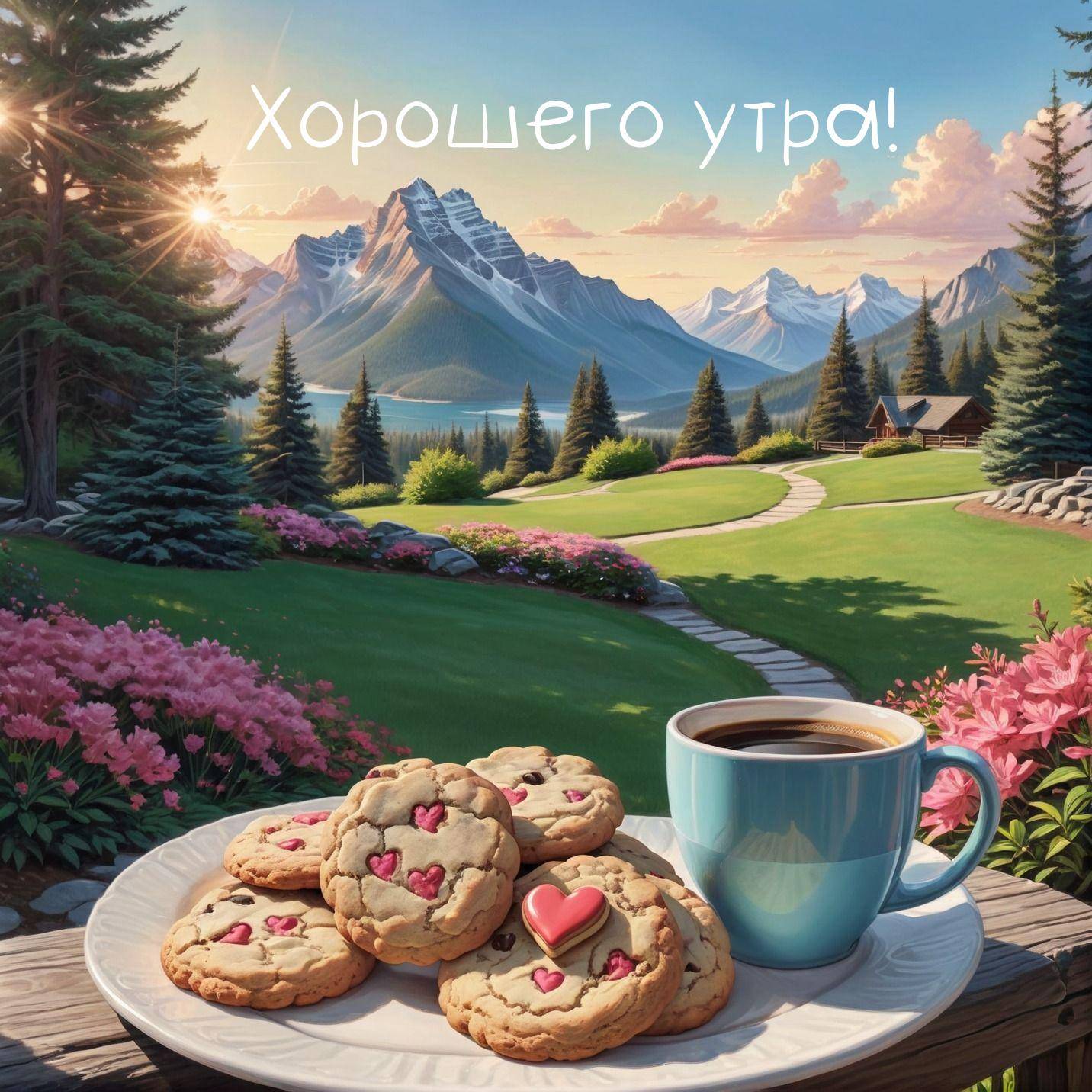 Пейзаж с горами, тарелка с печеньем и кофе