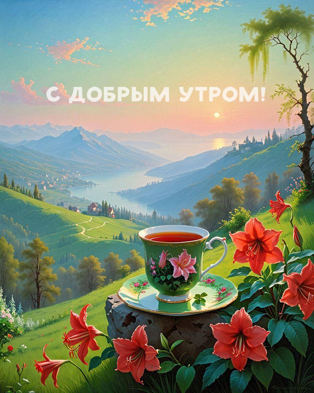Пейзаж с холмами, чашкой чая и цветами