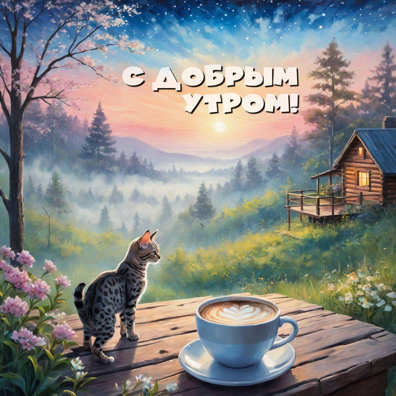 Пейзаж с котом, кофе и домиком на фоне