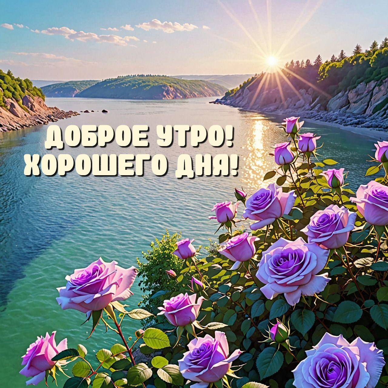 Пейзаж с рекой и зелёными холмами