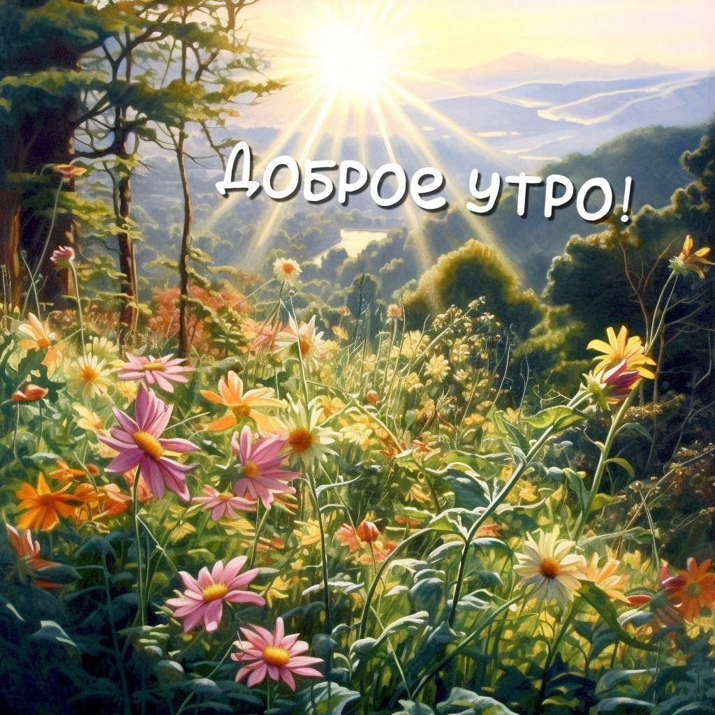 Пейзаж с цветами, горами и рекой под солнцем