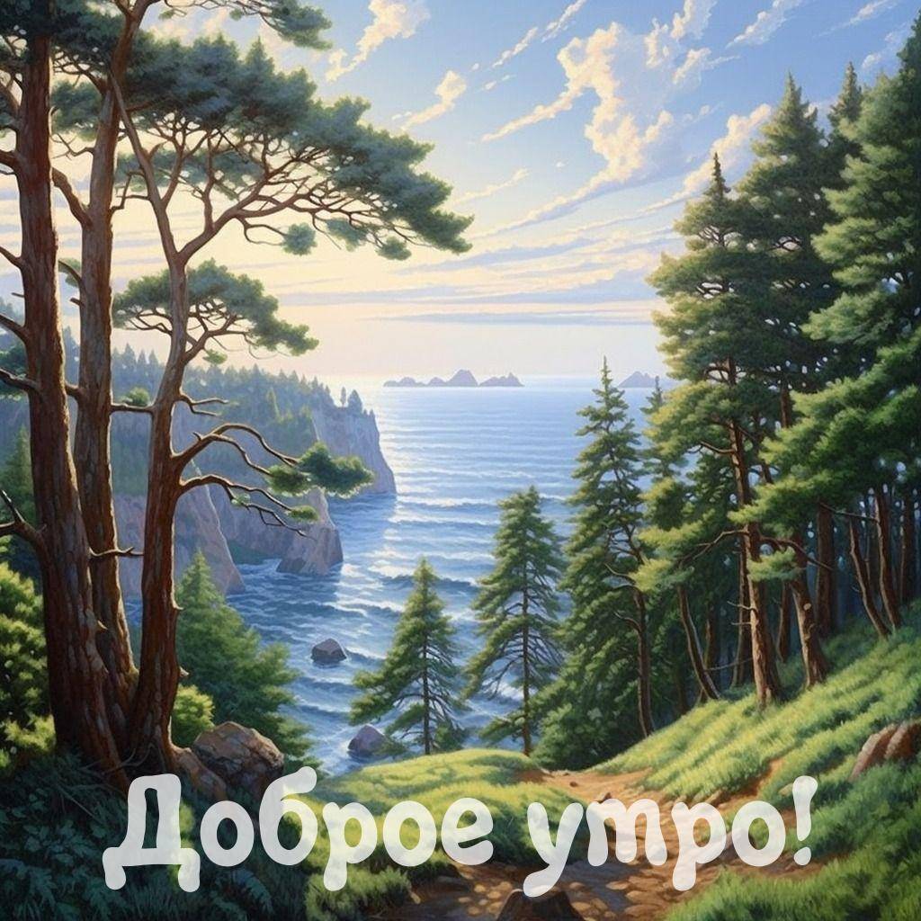 Пейзаж с видом на океан и лесом