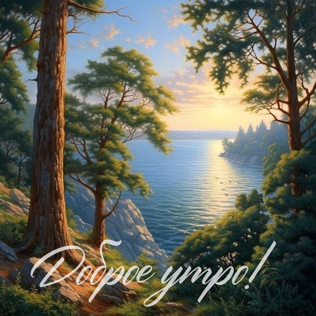 Пейзаж с водоемом, деревьями и рассветным светом