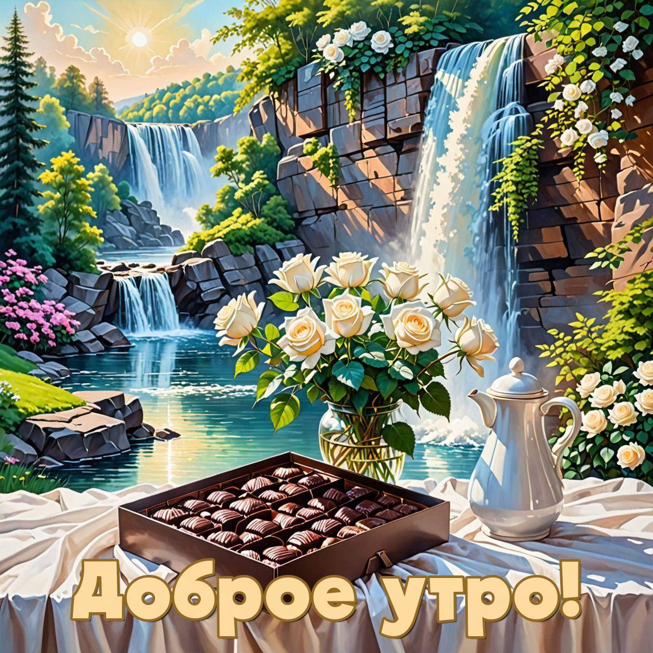 Пейзаж с водопадом и рекой, белые розы, чайник