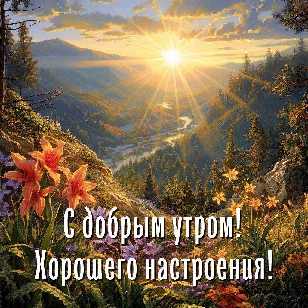 Пейзаж с восходом солнца и цветами