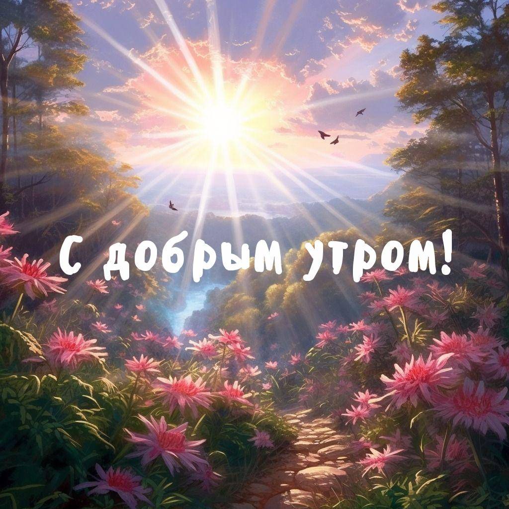 Пейзаж с восходящим солнцем, цветами и водопадом