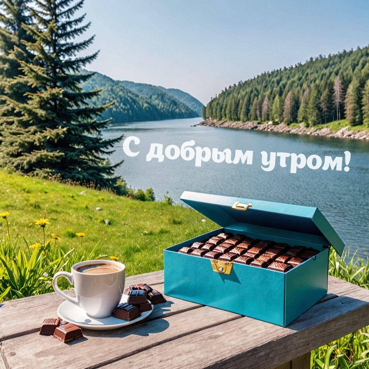 Пейзаж у воды с чашкой кофе и шоколадом