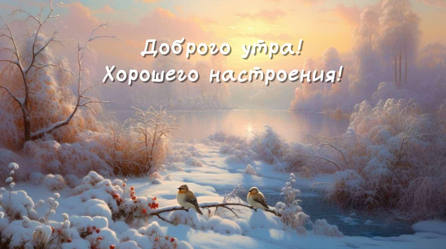 Первые лучи солнца освещают заснеженный лес и реку, два воробья на ветке