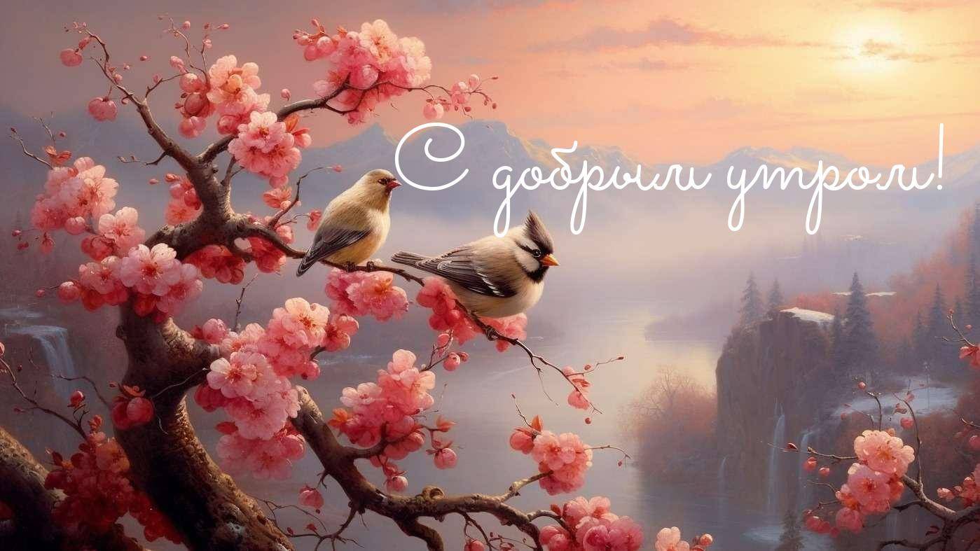 Первые лучи солнца скользят по цветущим ветвям, на фоне розового неба
