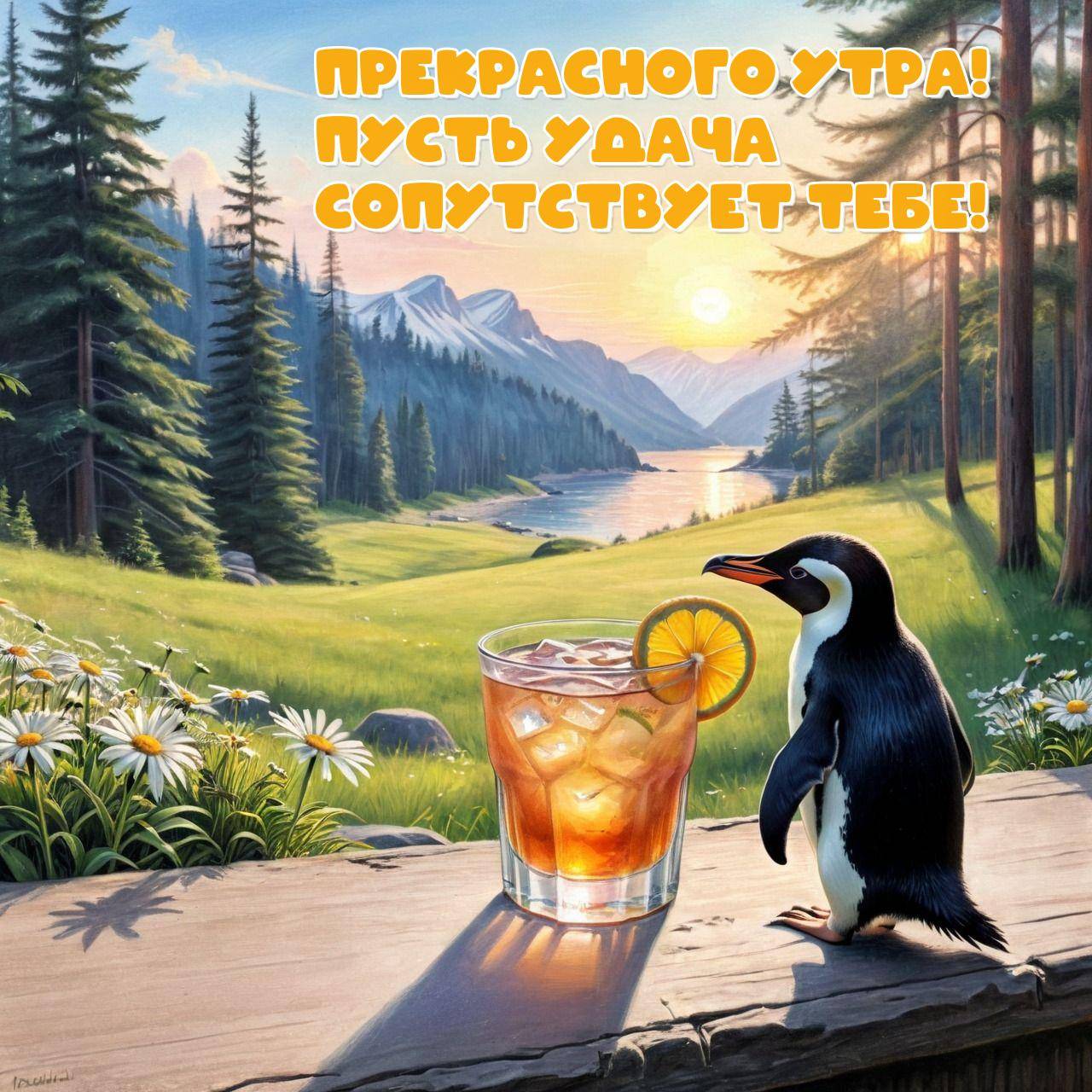 Пингвин на камне с напитком рядом