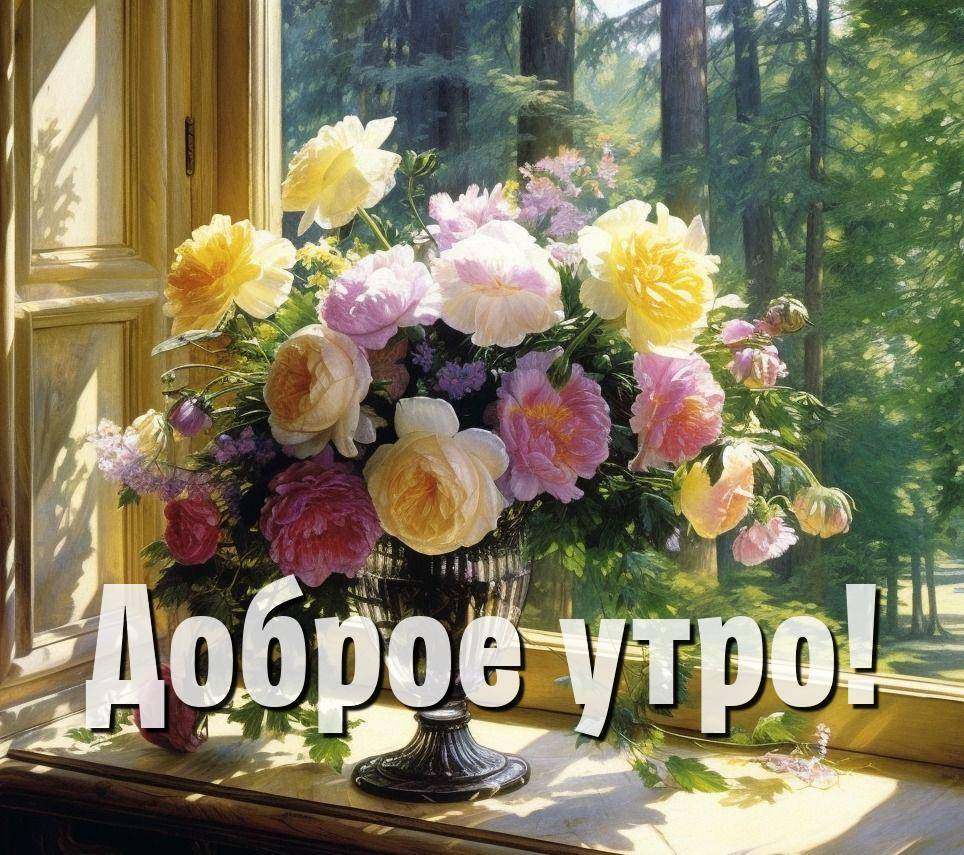 Пышные цветы в стеклянном вазоне на подоконнике