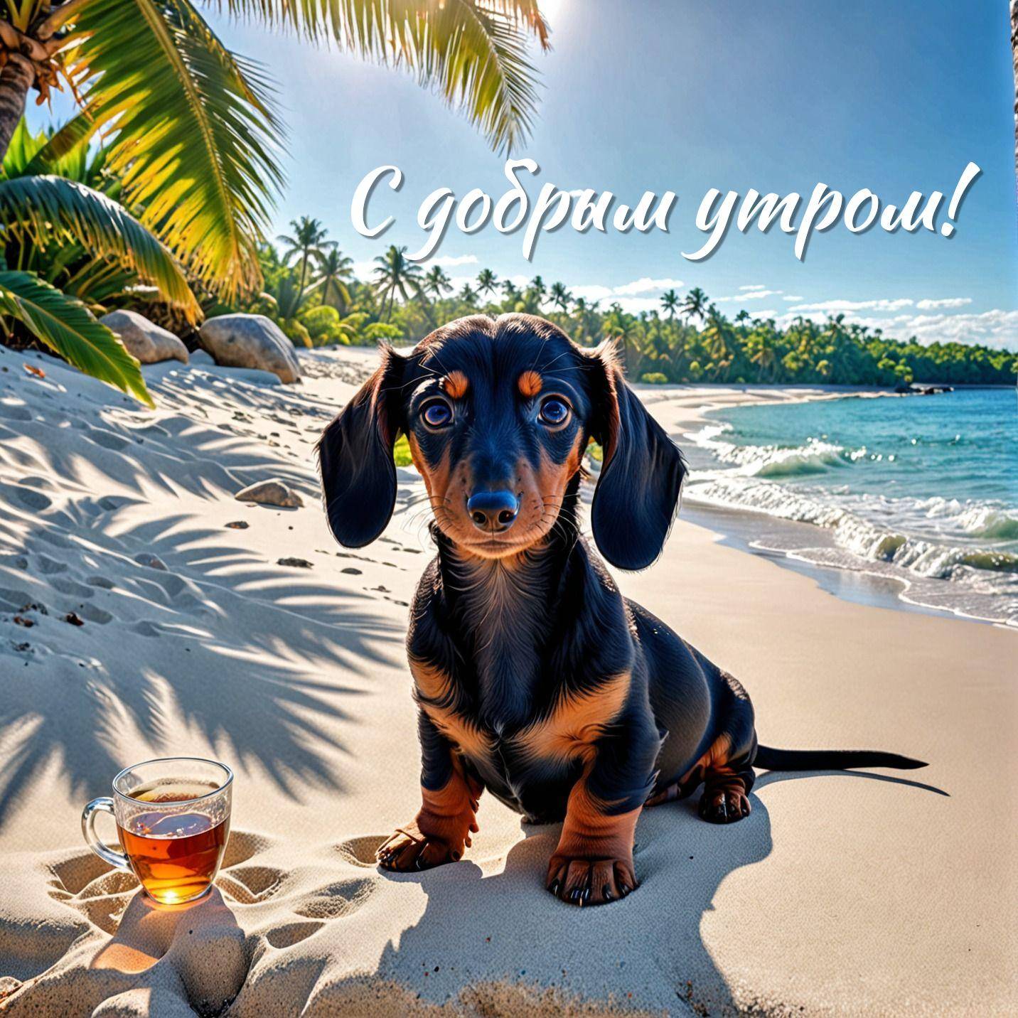 Пляж, такса и чашка чая на фоне пальм