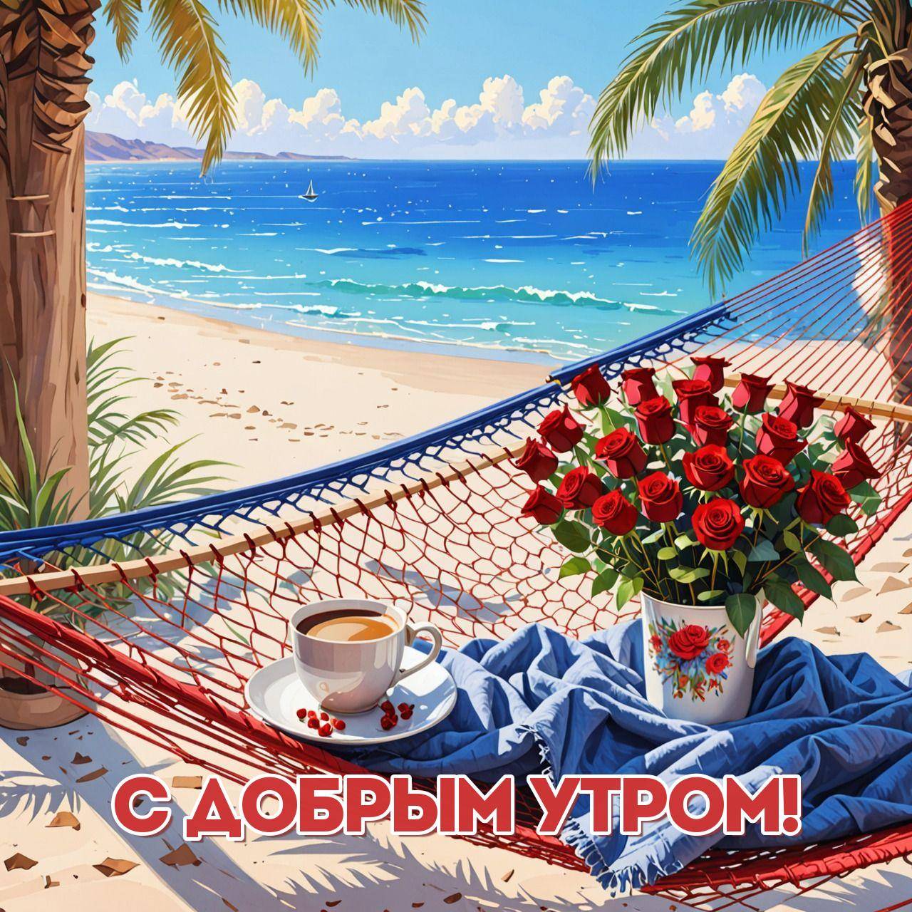 Пляжный пейзаж с гамаком, кофе, ягодами и розами