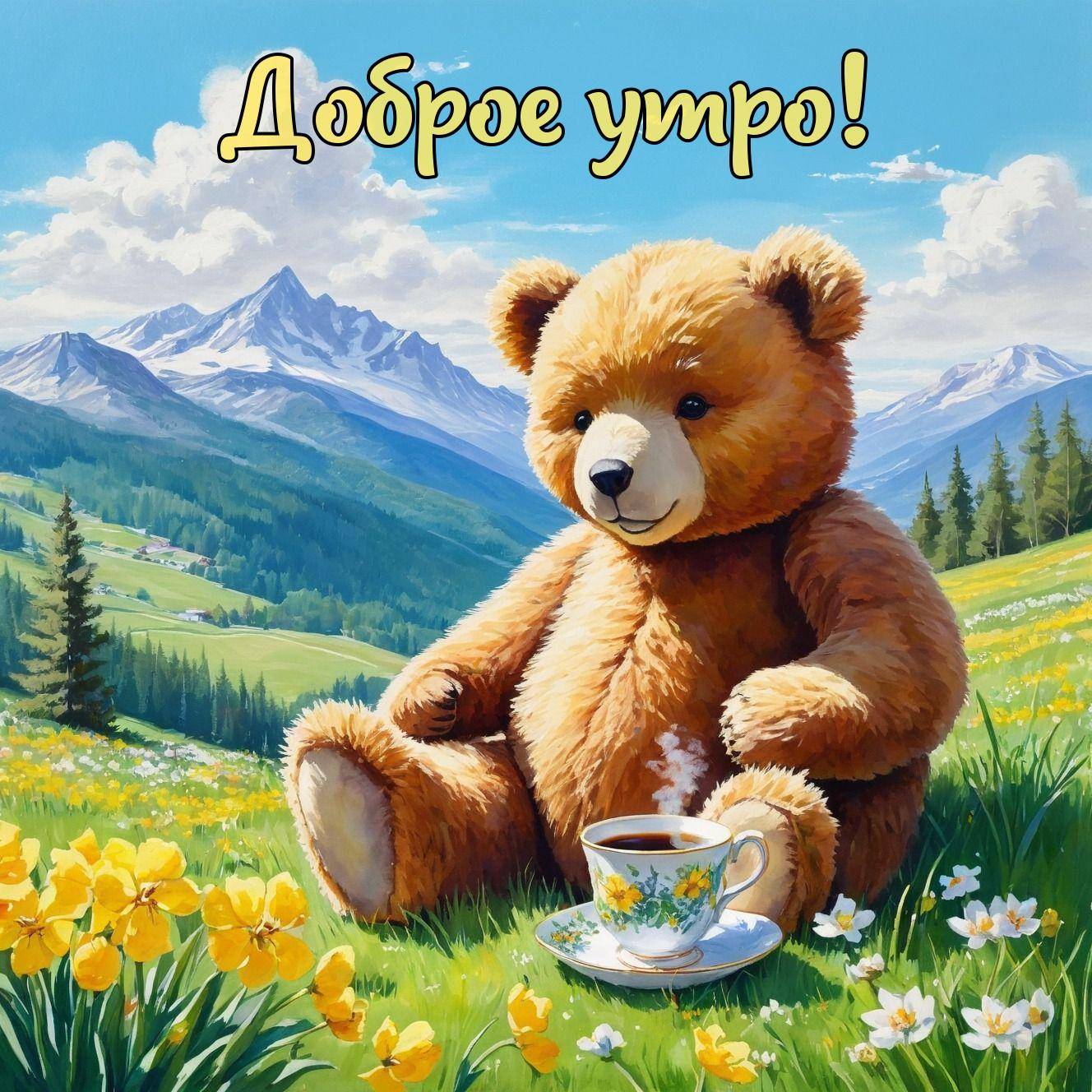 Плюшевый медведь с чашечкой на лугу у гор