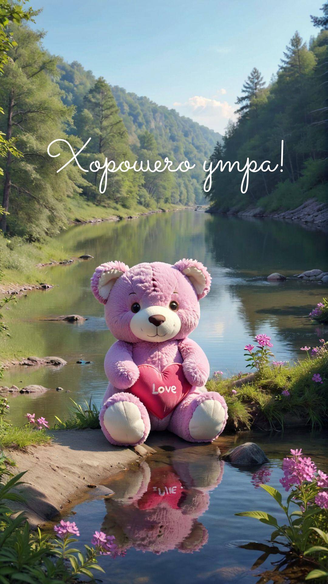 Плюшевый медвежонок с сердечком на берегу реки
