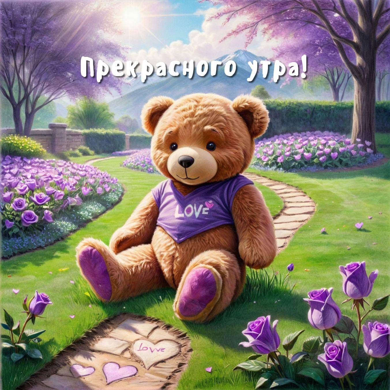 Плюшевый медвежонок в саду с надписью 