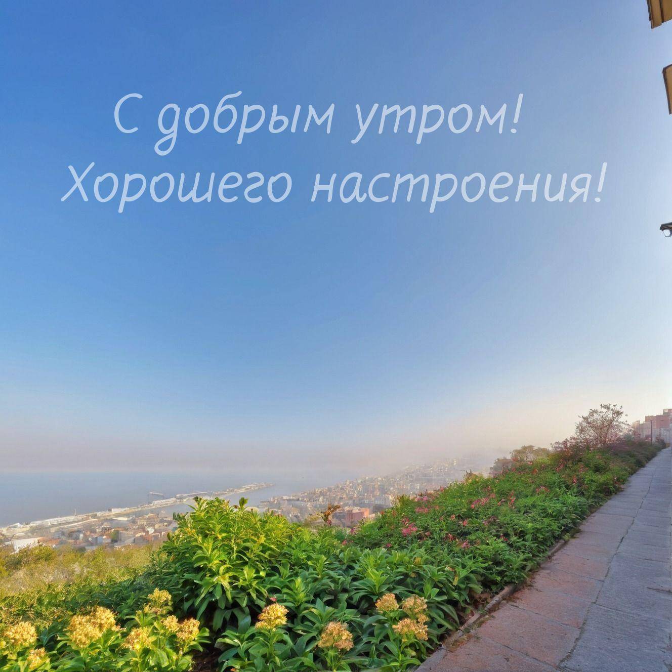 Побережье и город под голубым небом с зелеными кустами