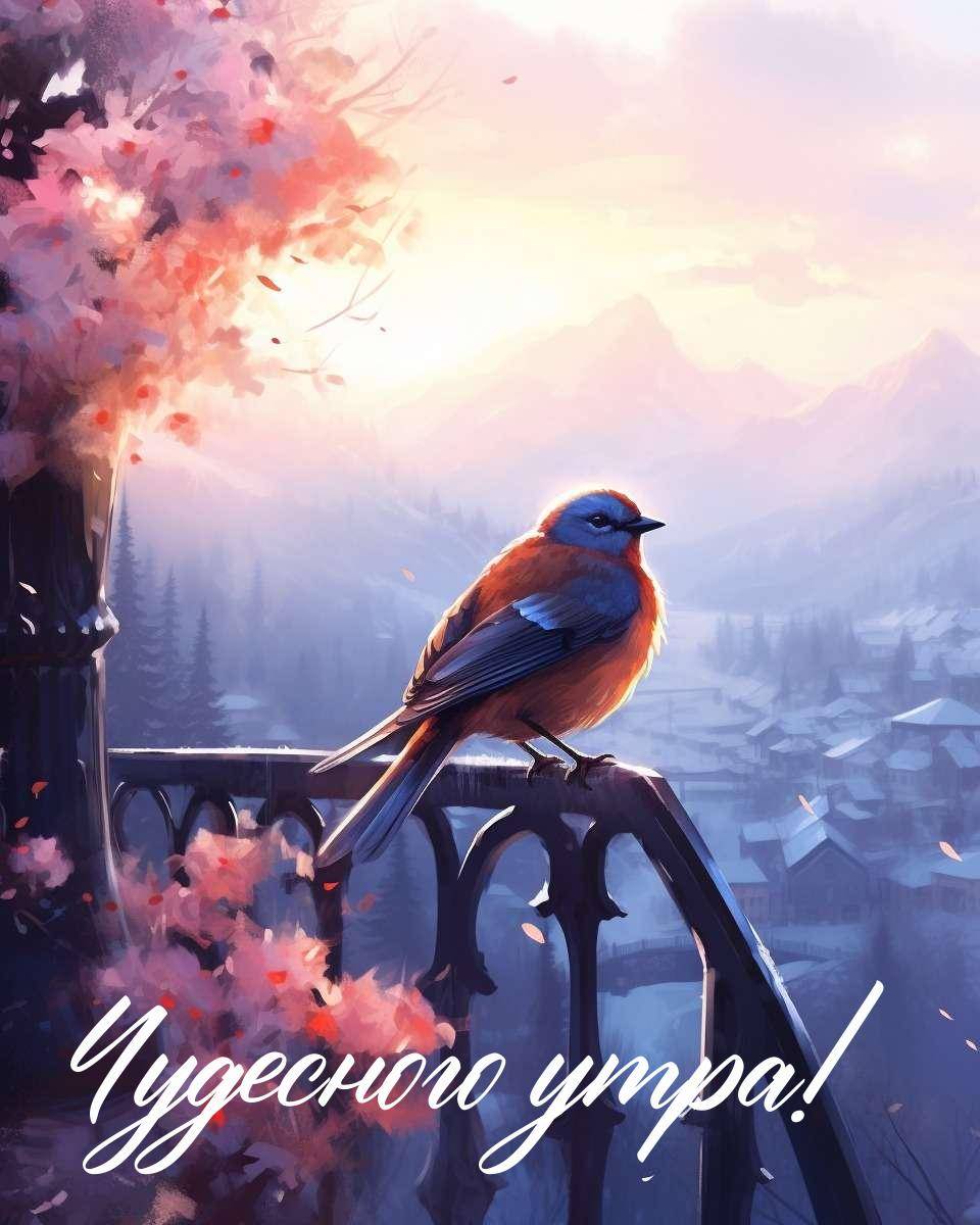 Под лучами первых солнечных лучей, птичка отдыхает на балконе