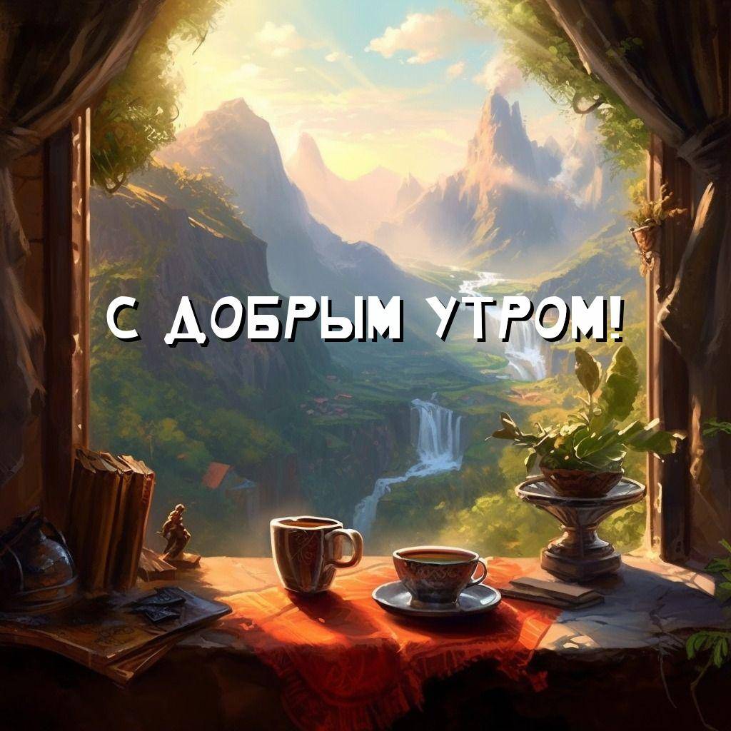 Подоконник с чашками кофе и книгами, вид на горы