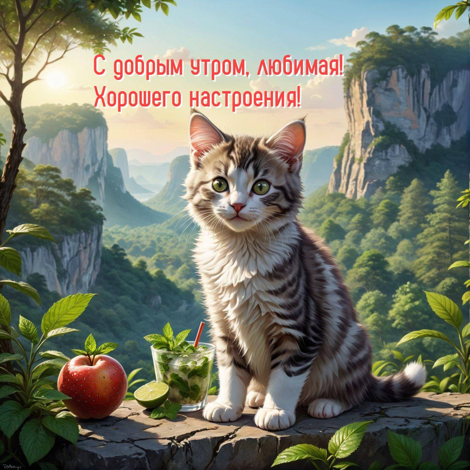 Полосатый котенок на камне с яблоком и напитком