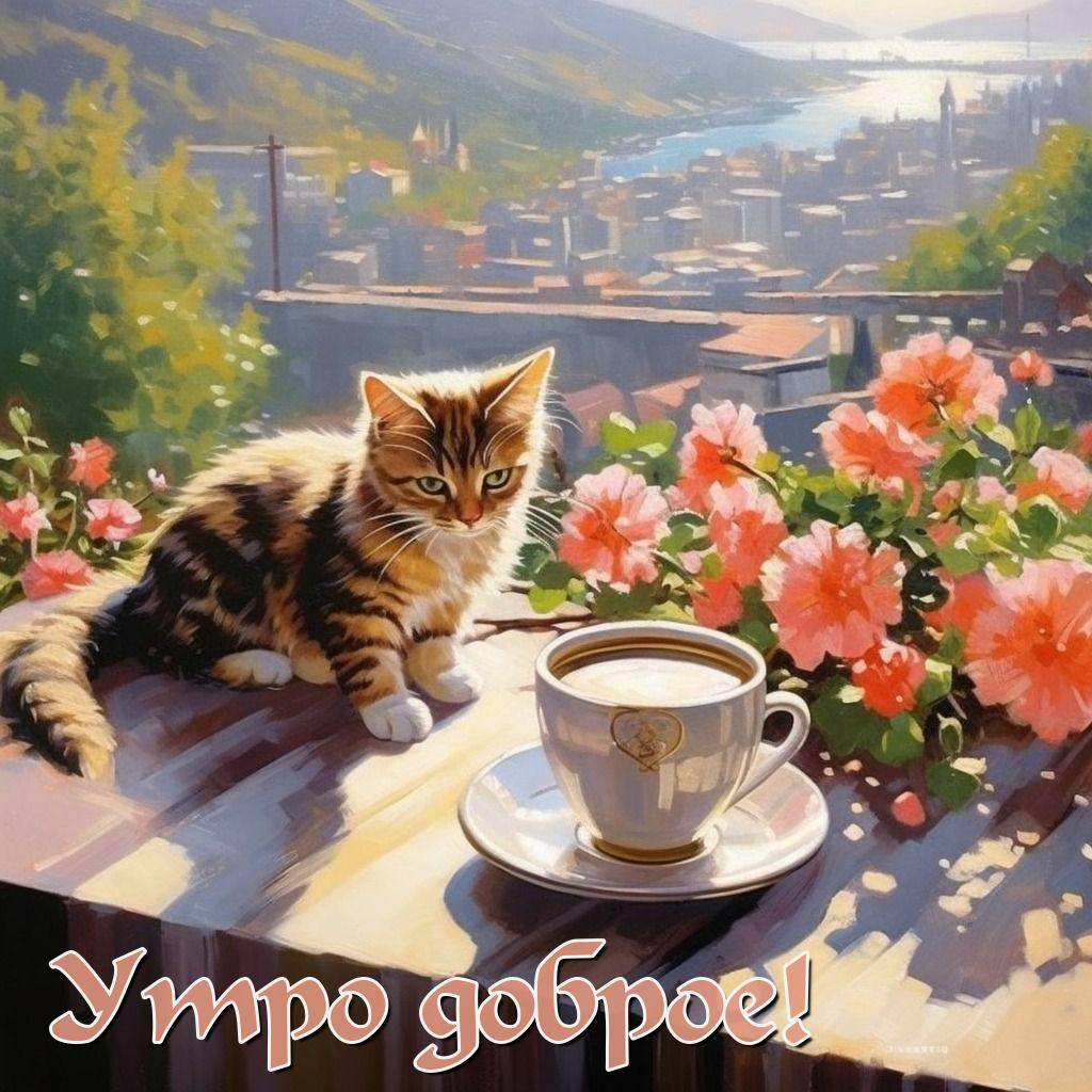 Полосатый котенок на столе с чашкой кофе