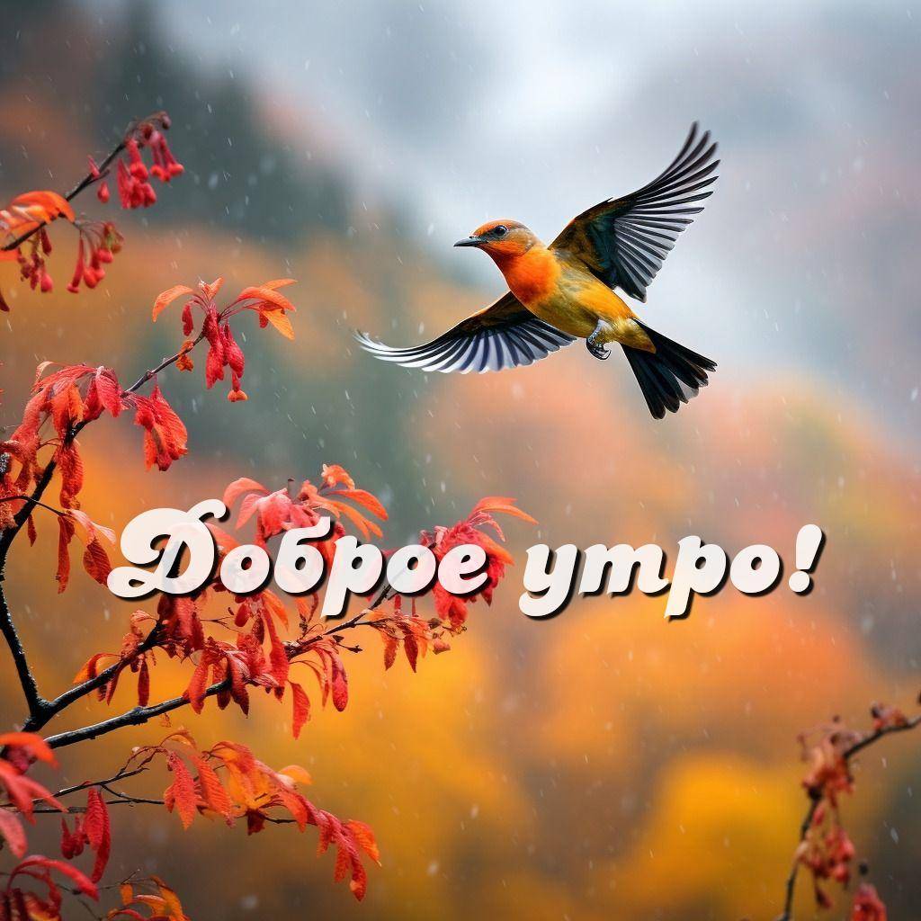 Полёт яркой птицы среди красных листьев осени
