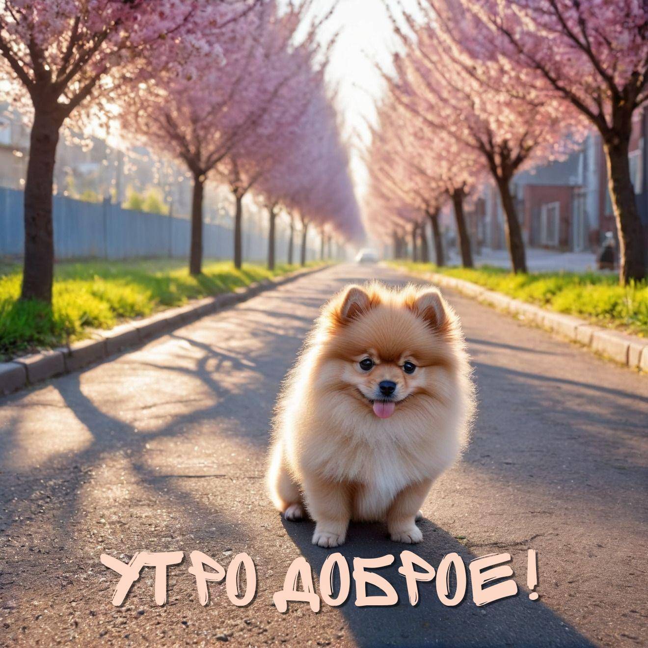 Померанский шпиц среди цветущих деревьев.
