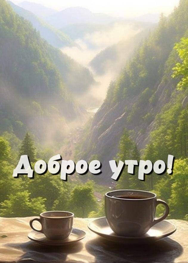 Прекрасный пейзаж гор с чашками кофе на столе
