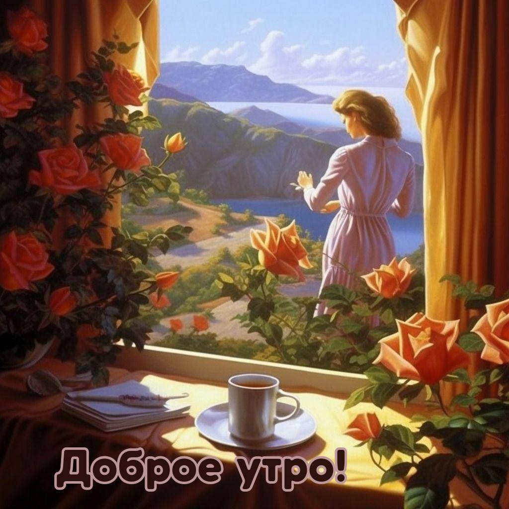 Прекрасный вид из окна на гористые пейзажи с розами