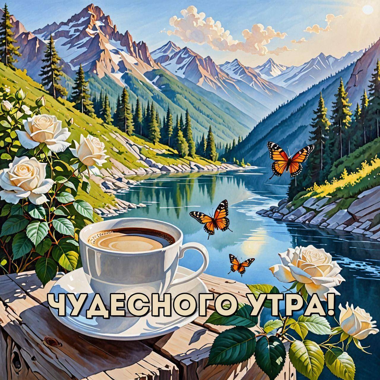 Природа: горы, река, чашка кофе и бабочки