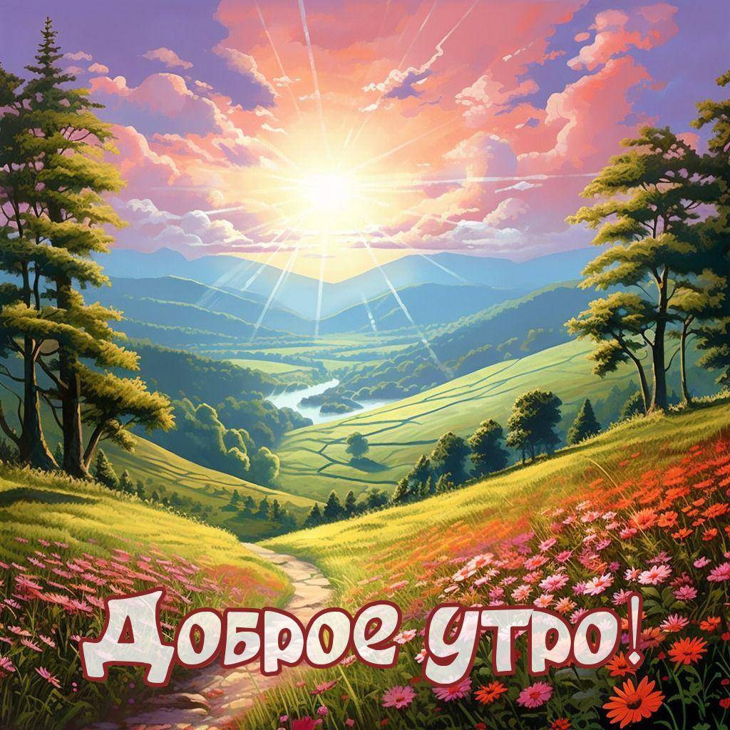 Природная сцена с цветами, холмами и горами на горизонте