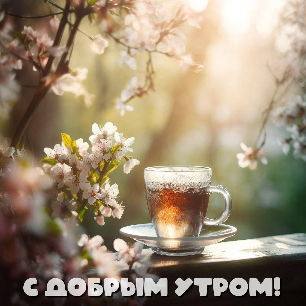 Прозрачная чашка с чаем на фоне цветущих веток