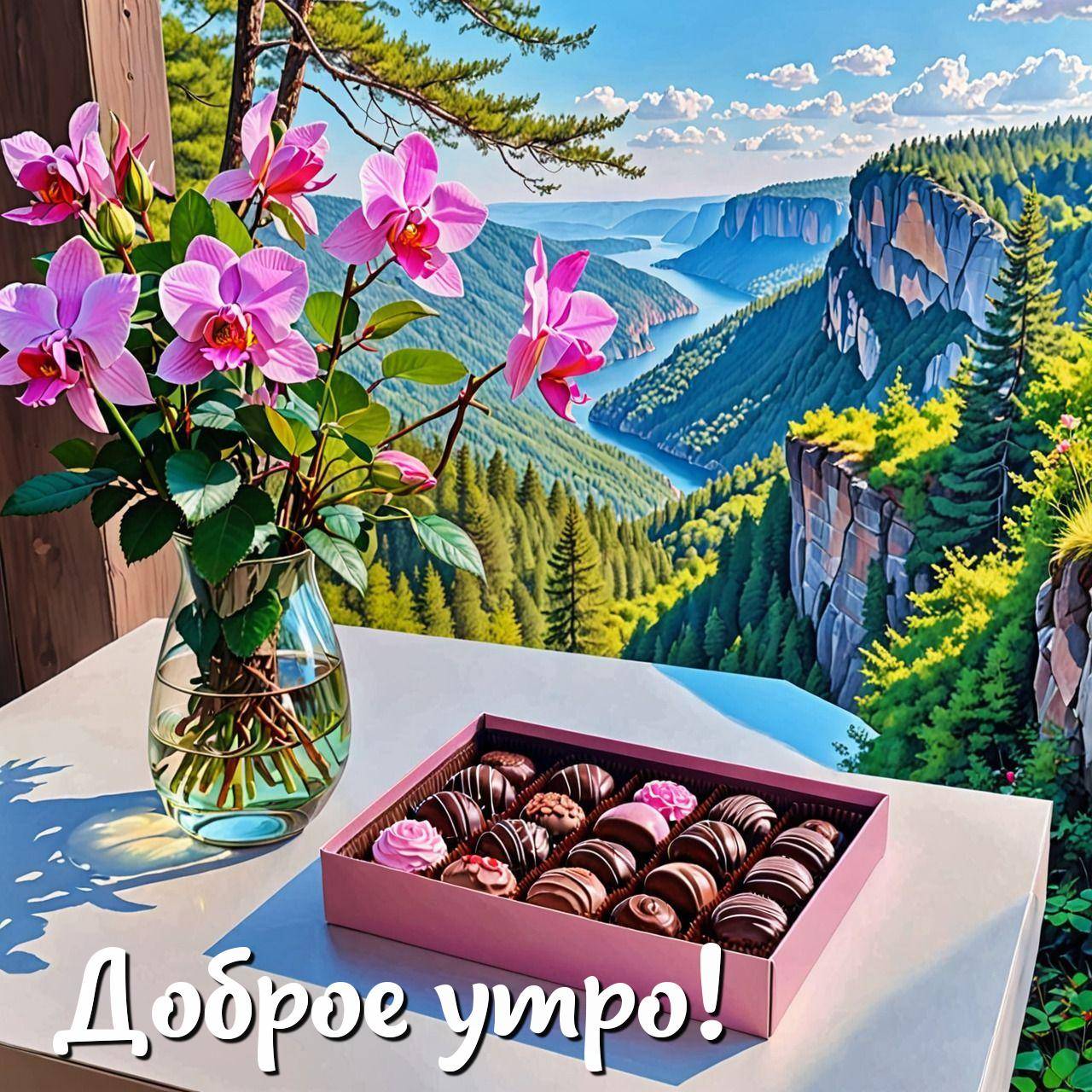 Прозрачная ваза с орхидеями, коробка с конфетами и пейзаж