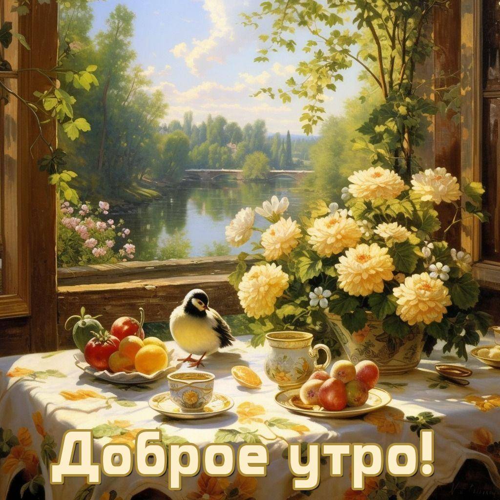 Птичка на столе с чашкой чая и фруктами