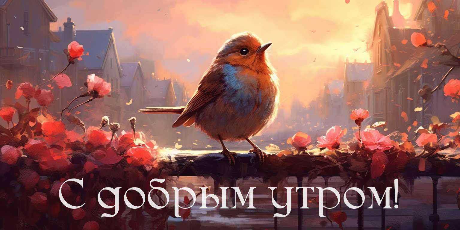 Птичка на цветущей ветке в лучах утреннего солнца