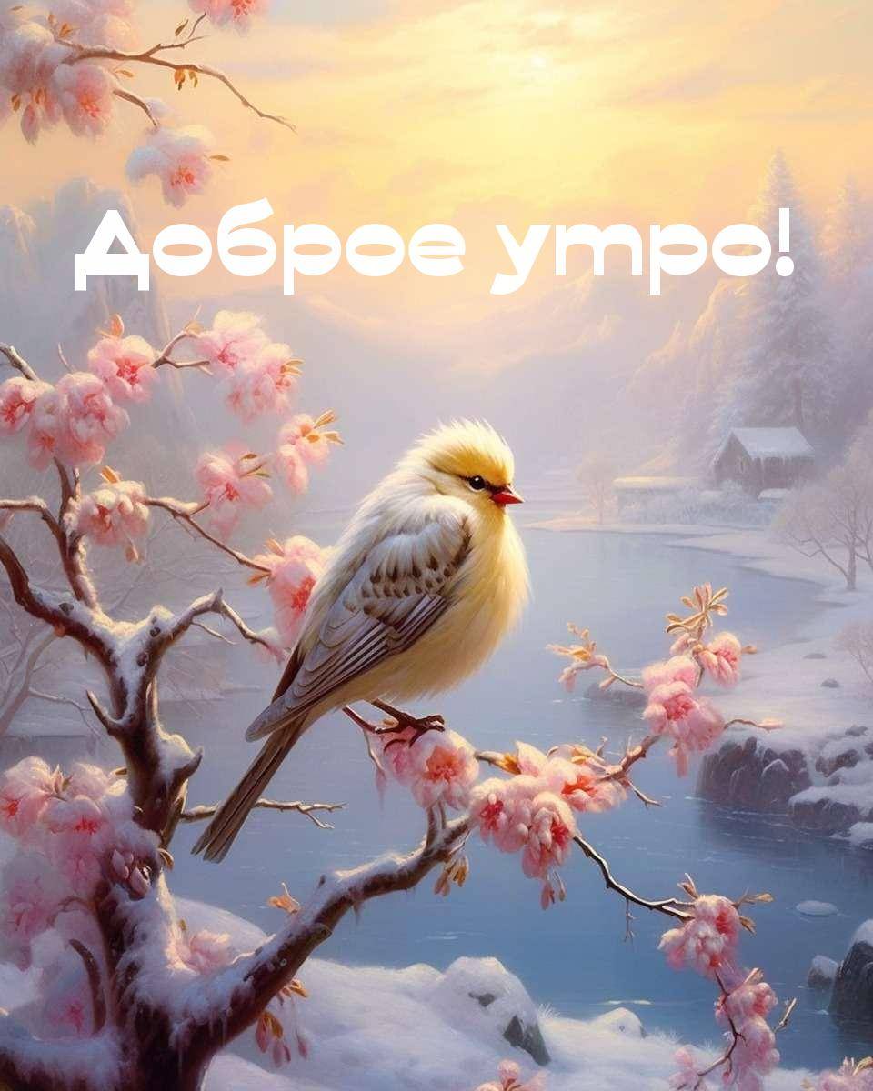 Птичка на ветке под первыми лучами солнца.