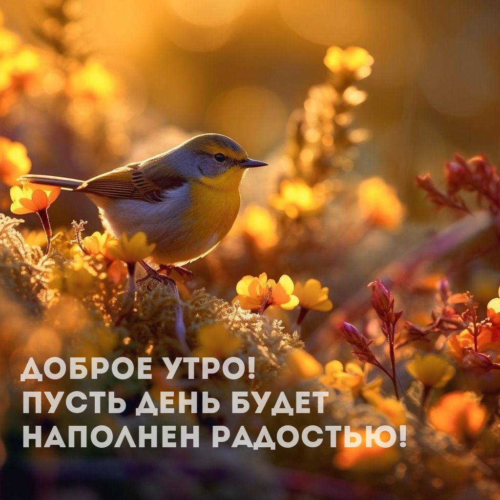 Птичка с желтым брюшком среди ярких весенних цветов