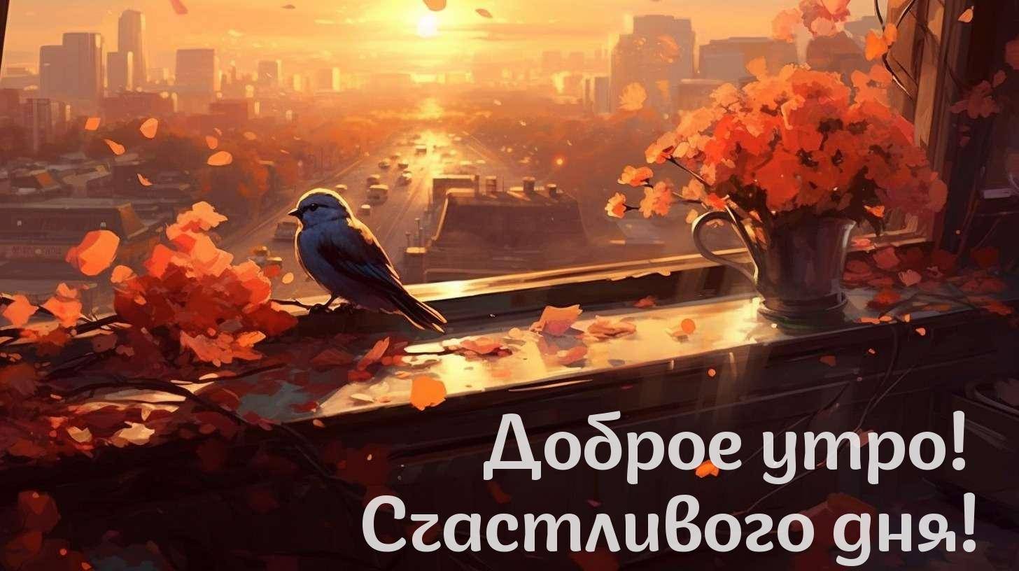Птица на подоконнике среди осенних листьев