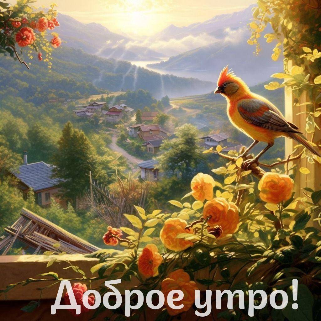 Птица на ветке перед цветущими розами