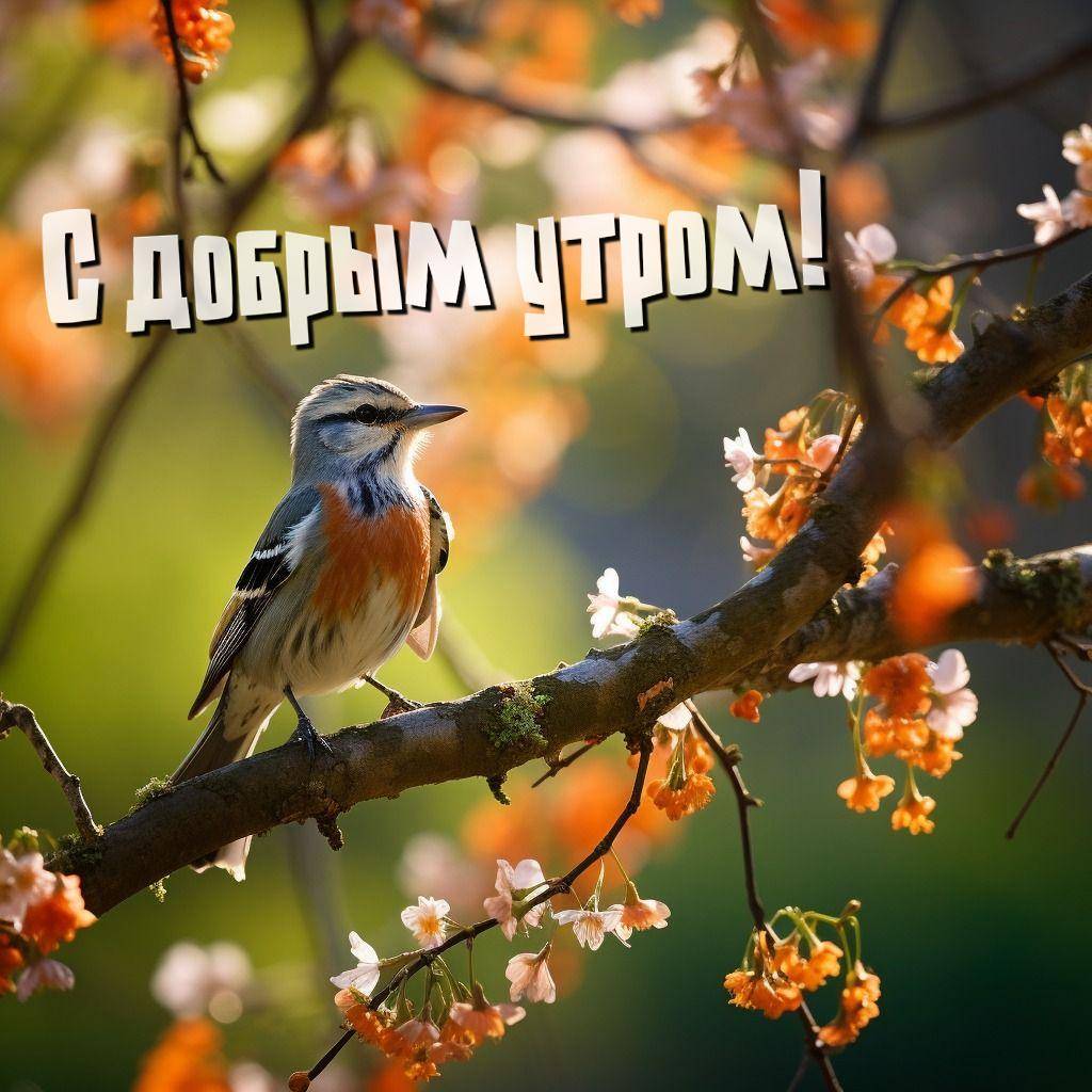 Птица на ветке с цветами