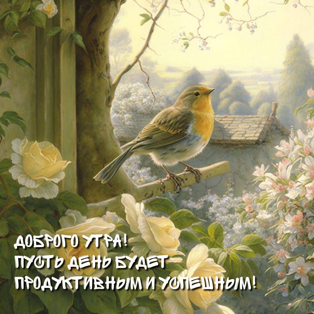 Птица на ветке среди роз